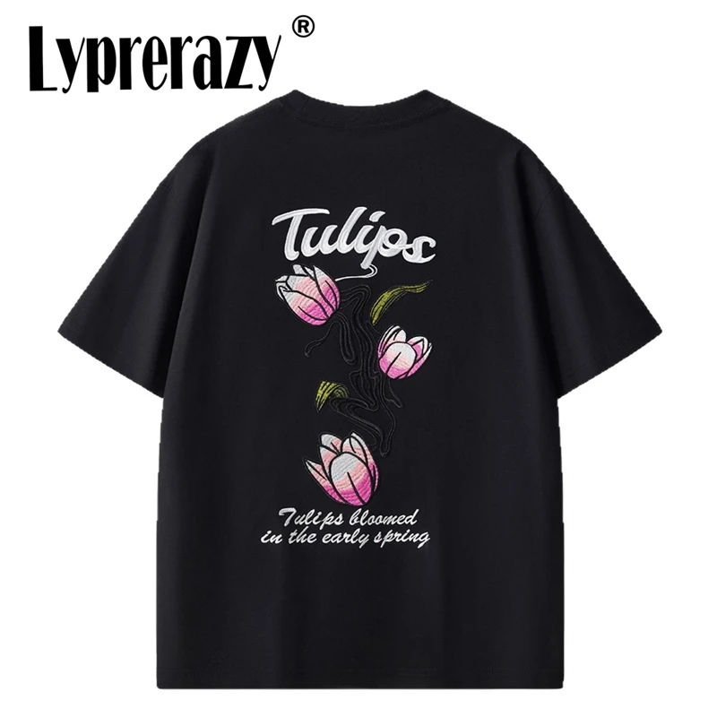 Lyprerazy Summer New Cotton Short-sleeved Men's Flower Embroidery Round Neck Shoulder Loose T Shirt