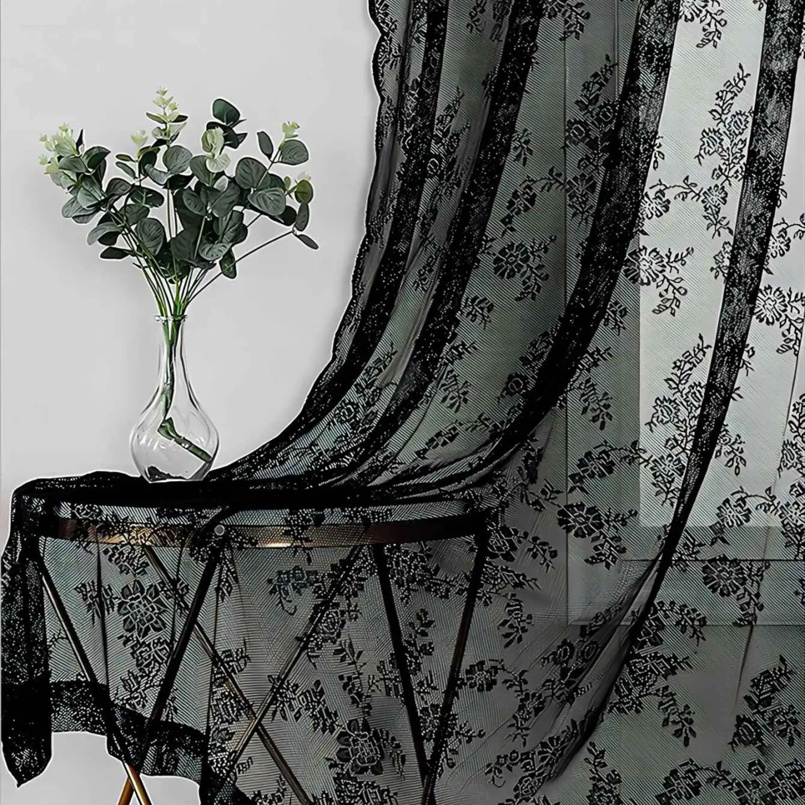 Voile Privacy Sheer Window Curtain Black Floral Lace Net Tulle Drapery for Bedroom and Living Room