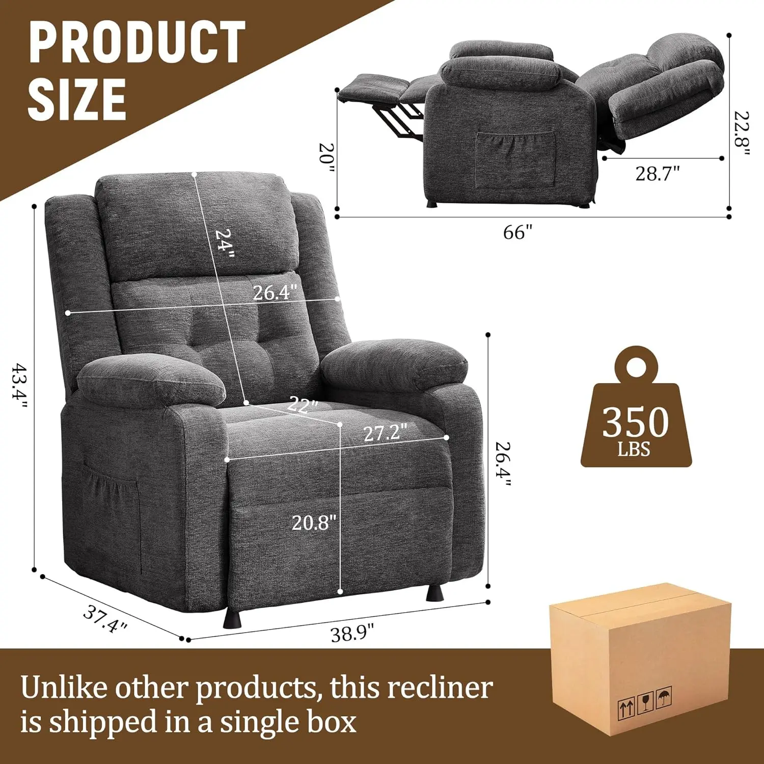 Oversized Chenille Fabric   Recliner Chair with Side Storage Pockets for Living Room Bedroom  izable Size