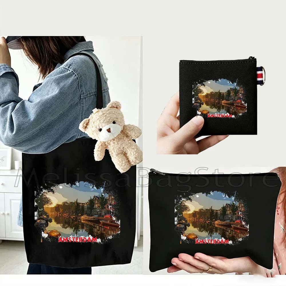 

4PCS Gift Set Amsterdam Netherlands Black Canvas Tote Bag Handbag with Doll Key Coin Purse Cosmetic Makeup Toilet Bag Case Pouch