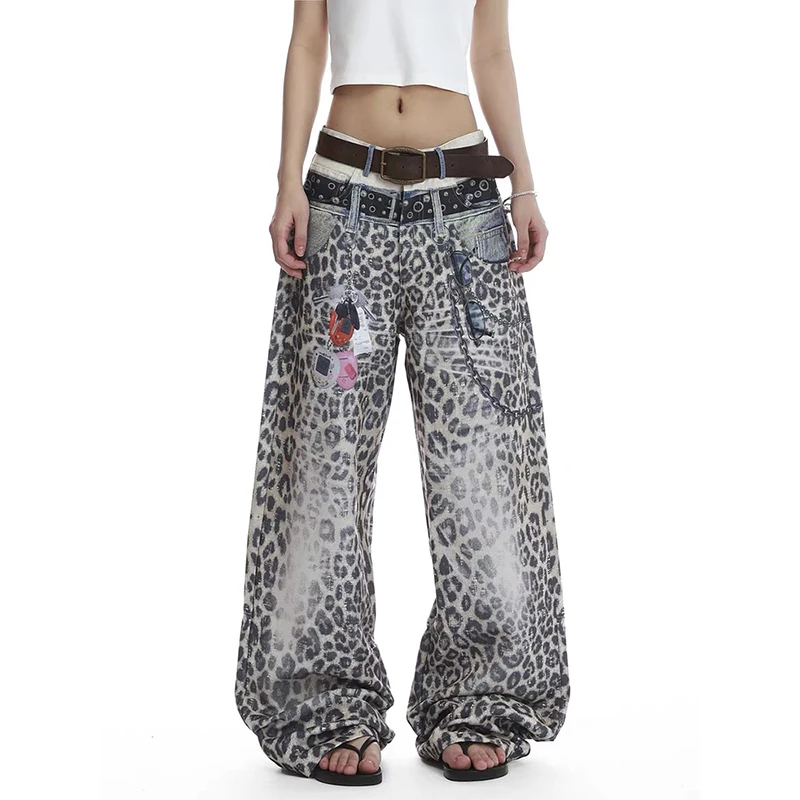 ZHIZOU 女性ゆったり Y2k ヒョウ柄ジーンズ日本 90 年代ヒップホップオーバーサイズグラフィティ 3D ジーンズパンツヴィンテージ原宿デニムパンツ秋