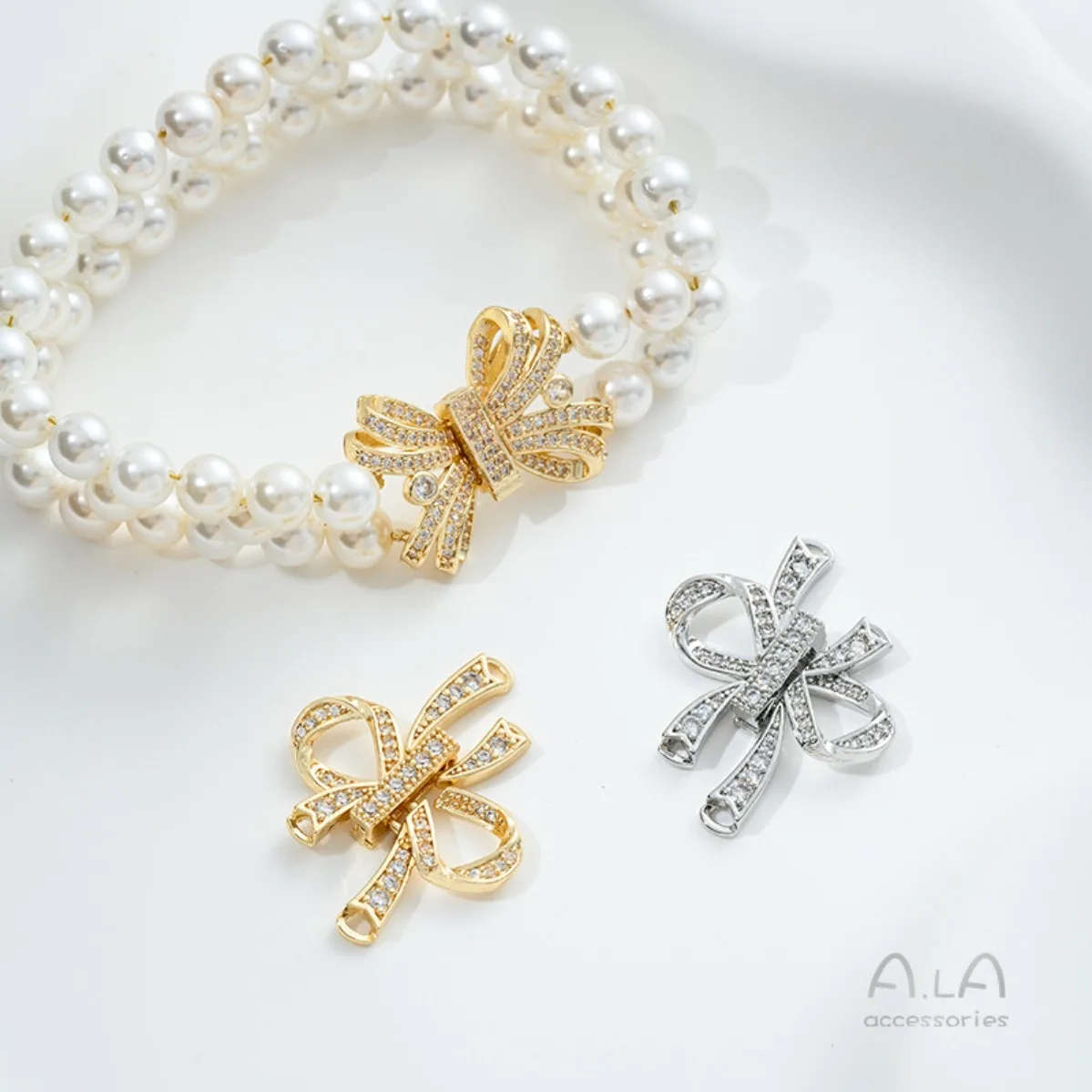 Brass 14K Gold Plated Zircon Ribbon Bow Double Row Pearl Clasp DIY Handmade Bracelet Necklace Connector Findings