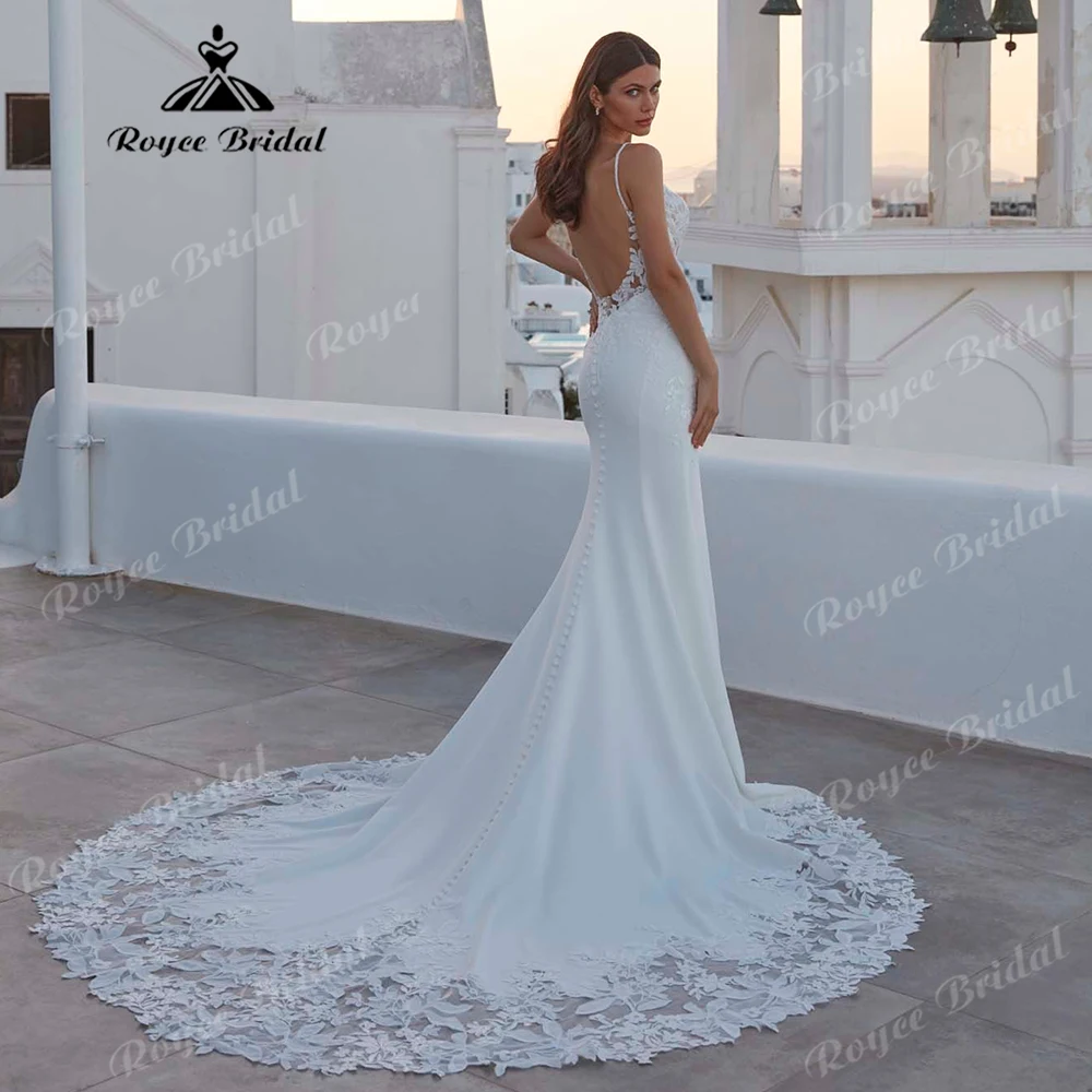 2027 Spaghetti Strap Lace Mermaid Wedding Dress with Plunge Neckline Sheer Bodice Lace Court Train Bridal Gown Customized