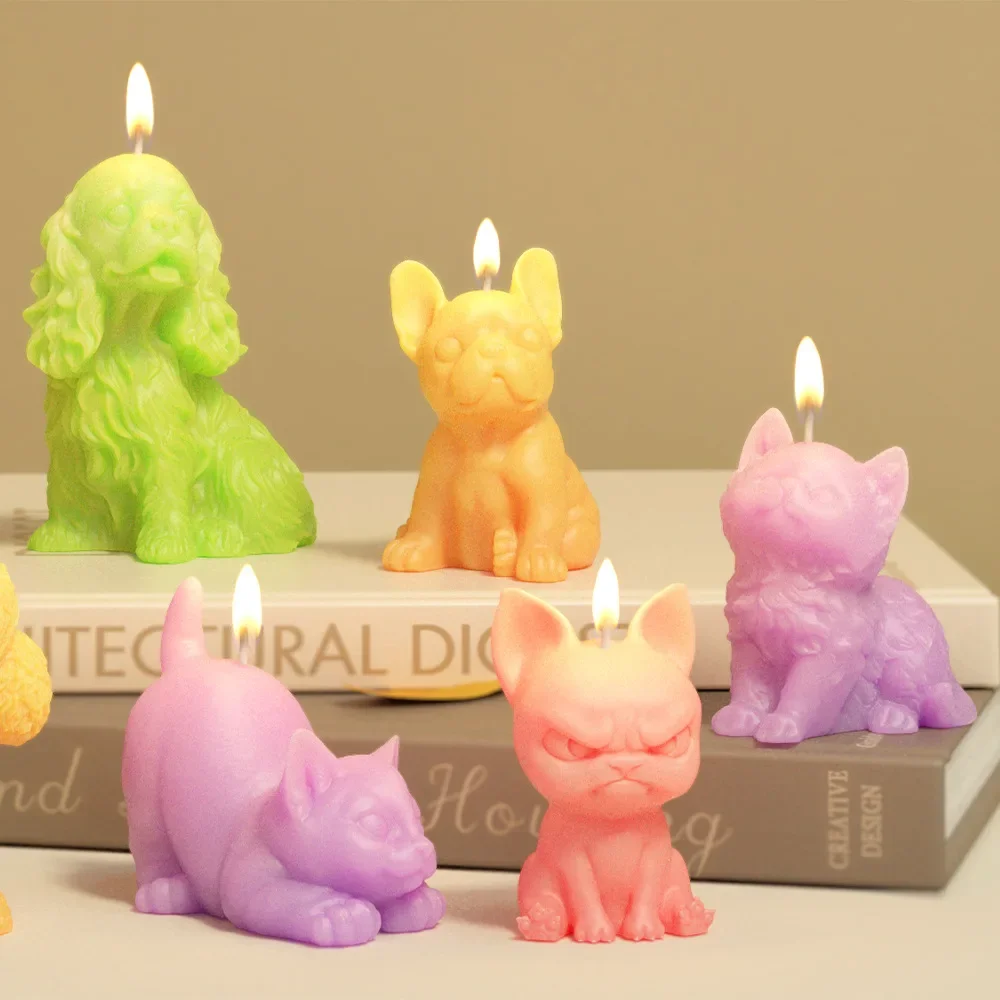 DIY 3D Animal Sitting Cat Scented Candle Silicone Mold & Bulldog Shape Plaster Ornament Mold for Home Craft Decor DIY Craft Kit