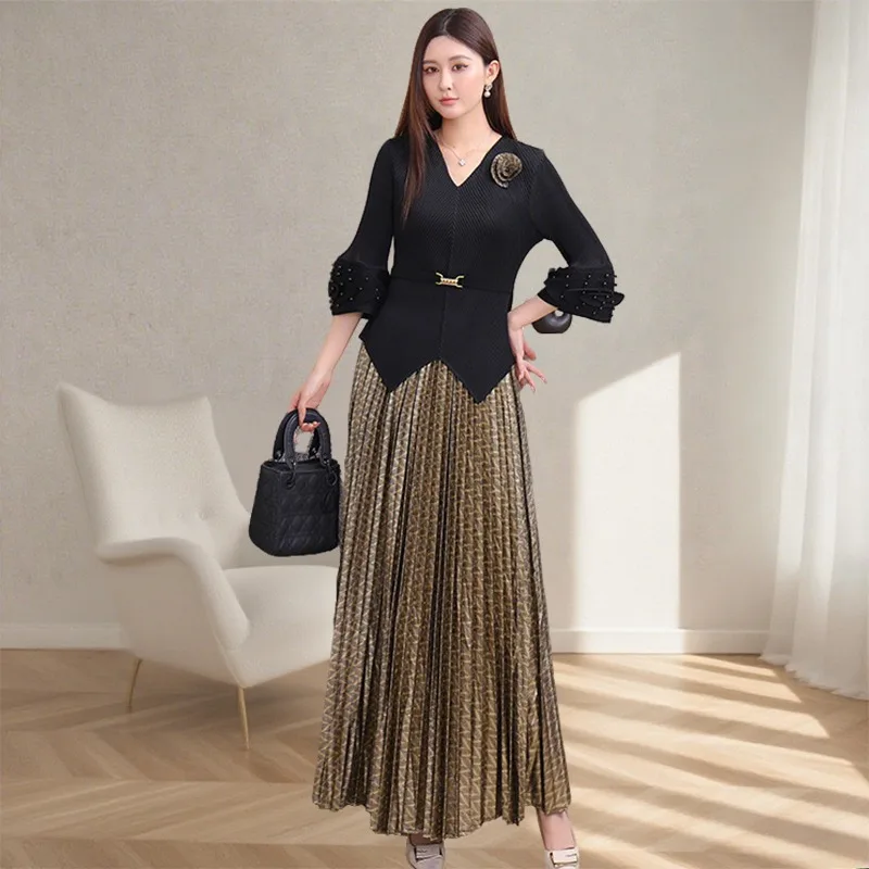 

Miyake Pleated Temperament Fashion Suit Women New Fall Long-sleeved Blouse Pleated Half Skirt Waisted Simple Loose 2-piece Set