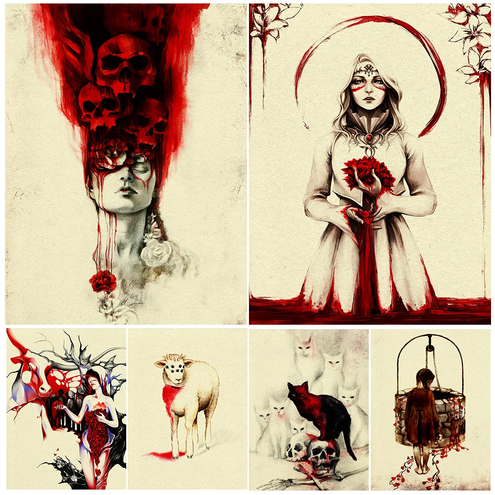 

Bloody Unicorns And Girls,Bleeding Flowers,Wall Art Canvas Painting Black And White Cats And Dead Bones Art Poster Print Decor