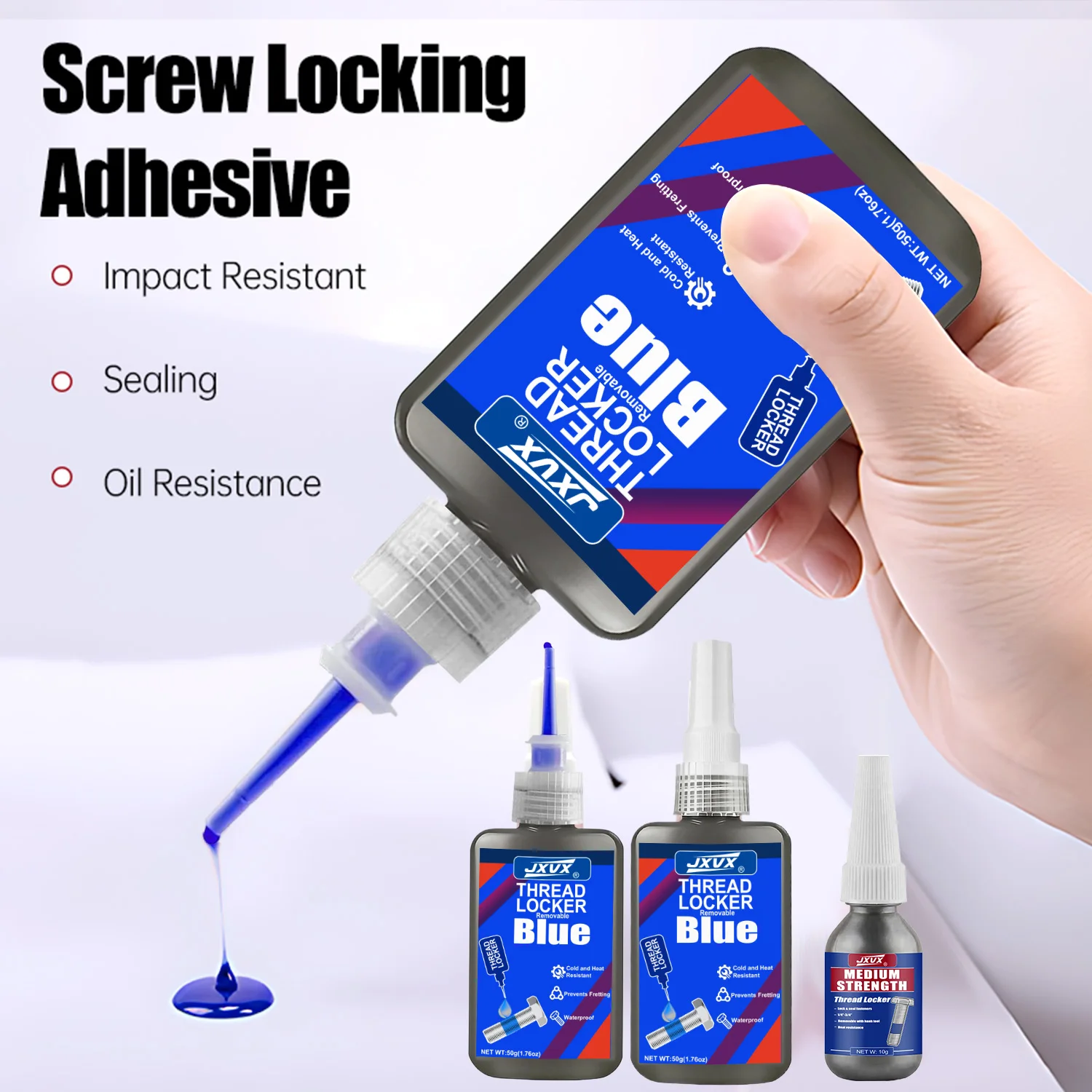 

50 мл синий фиксатор резьбы средней прочности, съемный жидкий герметик для гаек, болтов, крепежных элементов и металлических деталей автомобильного назначения. Предотвращает ослабление, вибрацию, ржавчину и коррозию. Незаменимый инструмент для ремонта авт