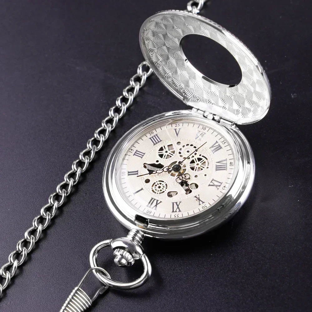 Luxury Silver Mechanical Hand Wind Antique Pocket Watch Exquisite Blue Roman Numerals Display Skeleton Pendant Clock Gifts