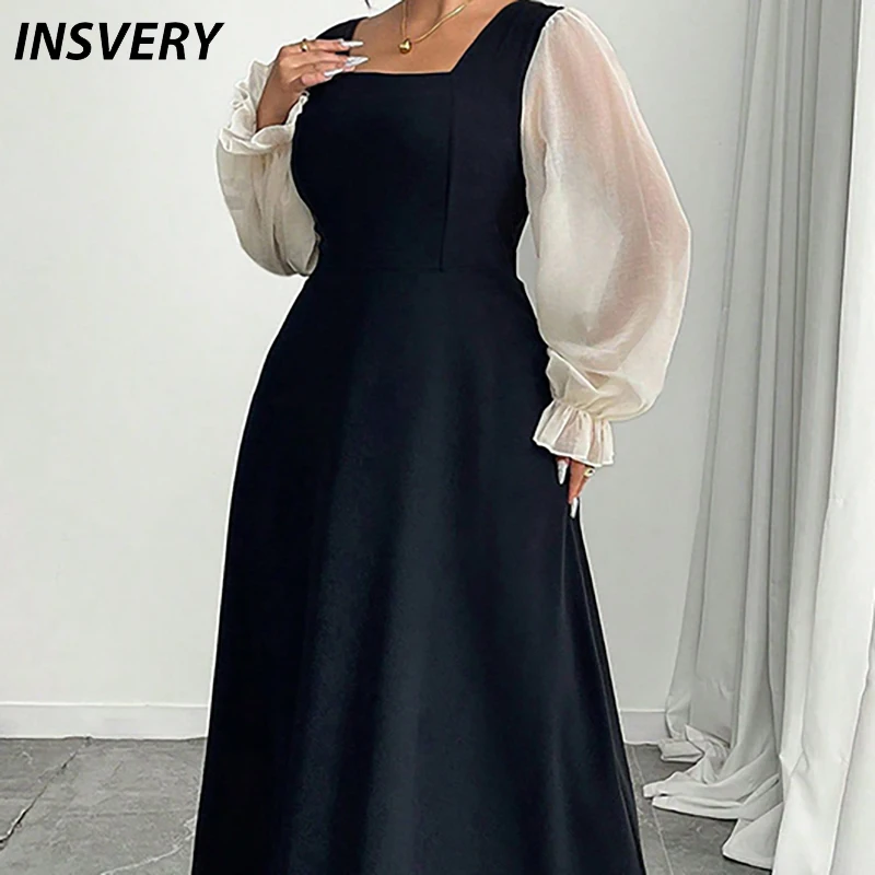 

Новое осеннее женское платье больших размеров с квадратным вырезом и длинным рукавом, длинные платья трапециевидной формы для женщин, повседневное милое вечернее платье, женское платье макси