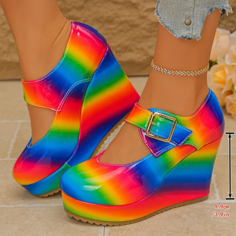 

Luxury Rainbow Super High Heel Women Single Shoes 2026 Large Size Belt Buckle All Match Casual Platform Female Mary Janes Shoes