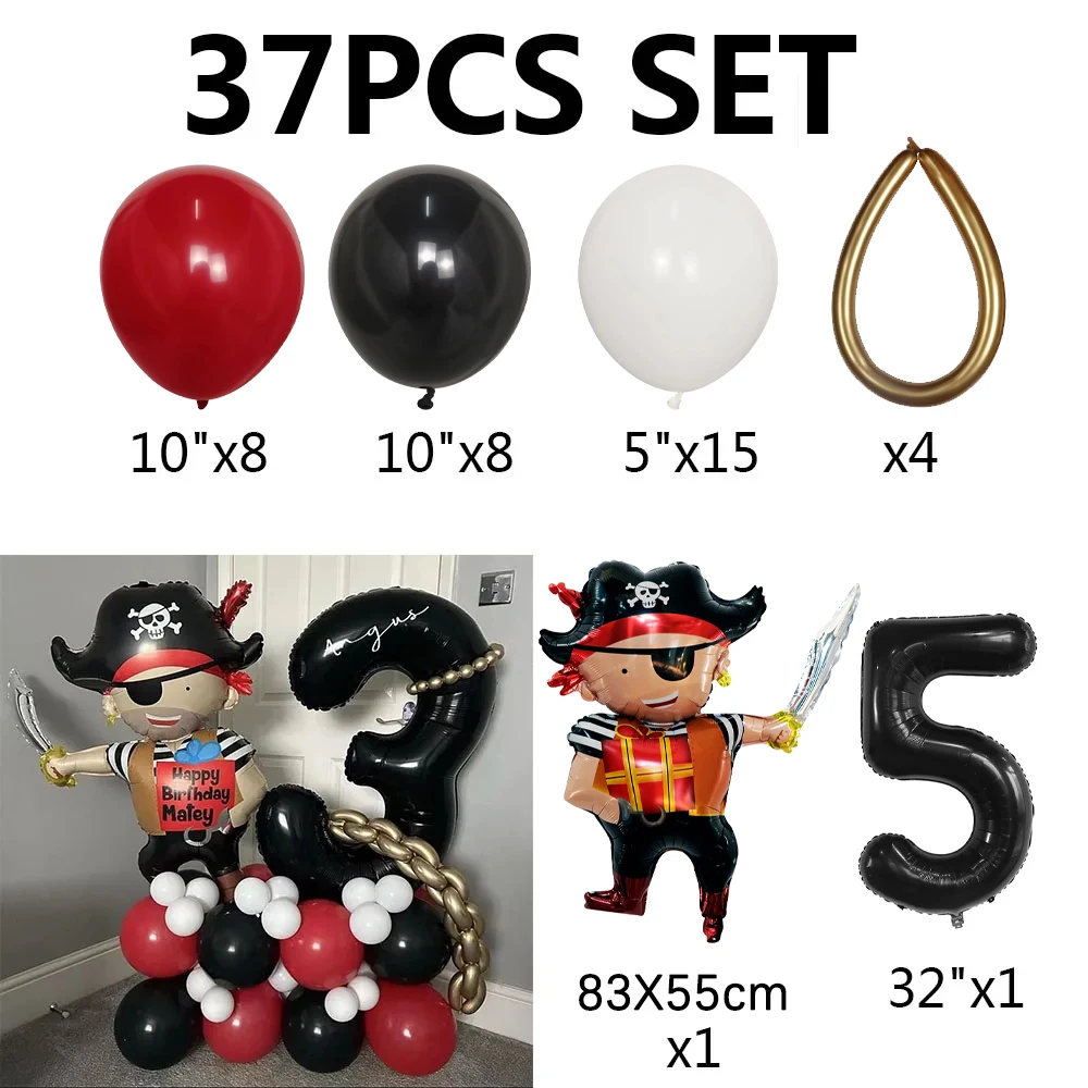 37Pcs Pirate Ship Balloons Set with 30inch 0-9 Number Balloon Boy Birthday Party Decoration Baby Shower Halloween Decor Globos