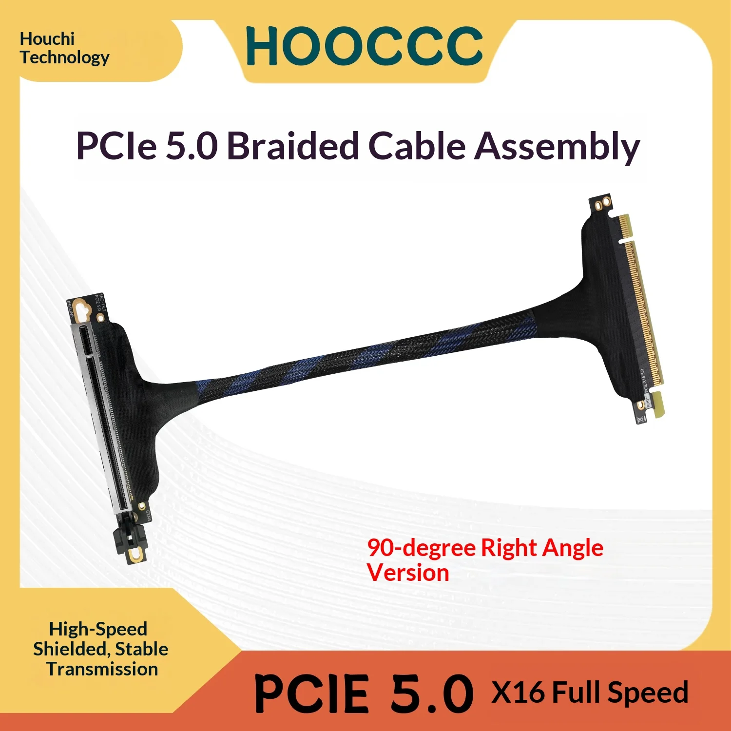 HOOCCC PCIe 5.0 X16 GEN5 Braided GPU Extension Cable — 90° Flat Version, Silver-Plated Shielded Riser for RTX 50 / RTX 40 & Ser