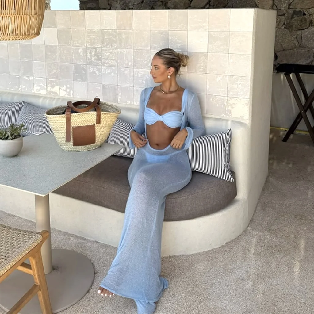 Sexy Knit See-Through Long Sleeve Cover-Up Dress, Beach Vacation Sun Protection Smock, Casual Slim-Fitting All Season Wear