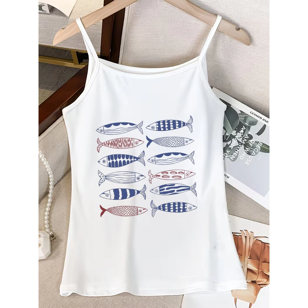 Navy Red Fish Cami Women Striped Print Tank Top Sleeveless Vest Summer Trendy Fashion Vibrant Daily Wear Cool Art Style Tee