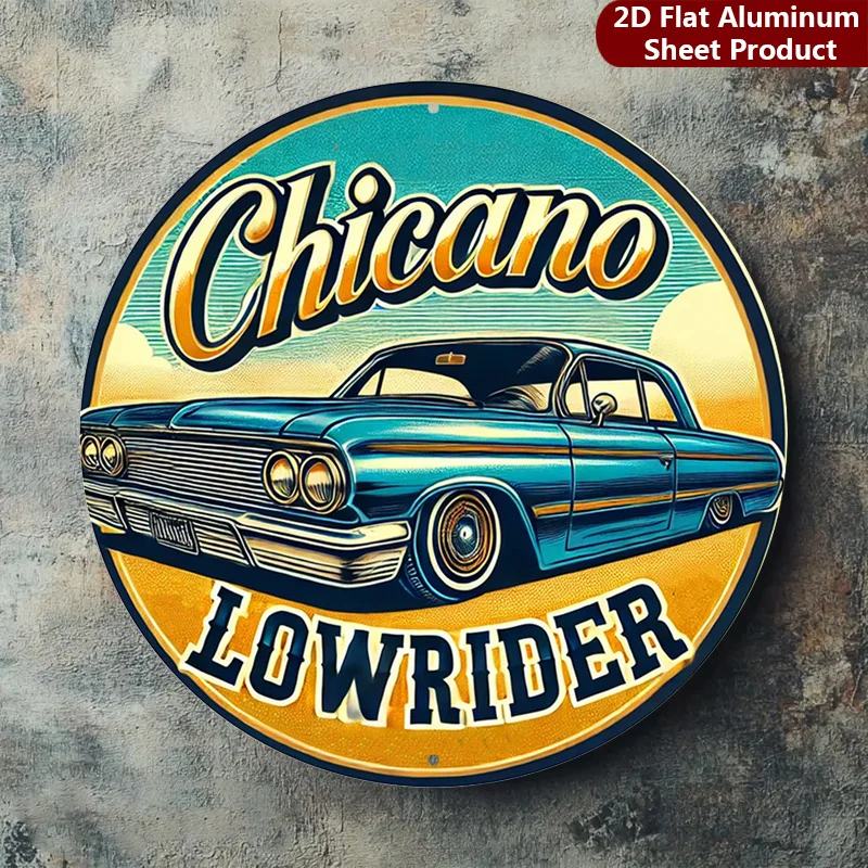 2D Flat, 1pc,Classic Car Round Sign,Chicano Culture Vintage Decorative Plaque,Lowrider Porch Decorations,Wall Decorations,Home D