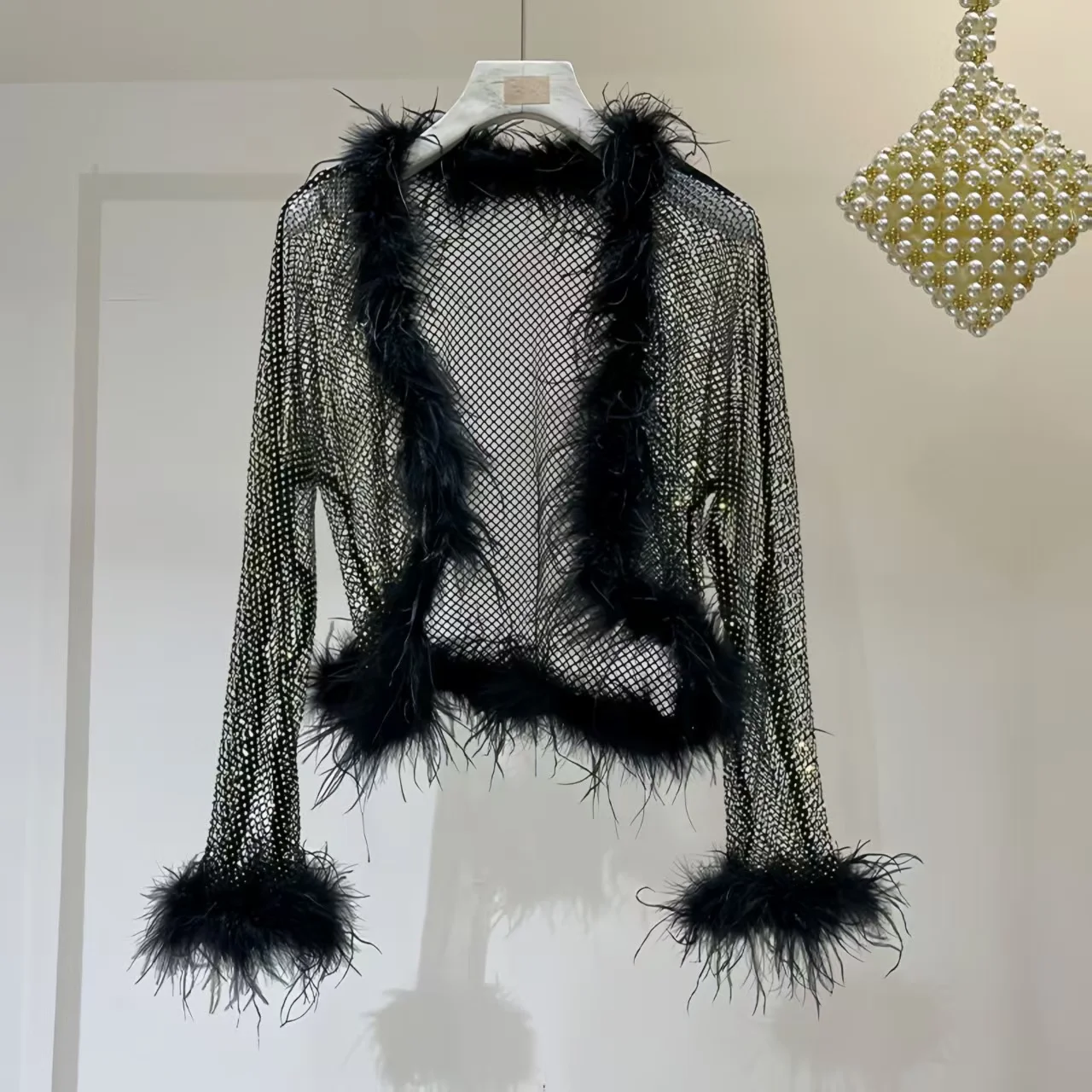 Thai Ostrich Fur Mesh Diamond Hollowed out Jacket Shawl - Luxury Long Sleeved Top with Studded Design
