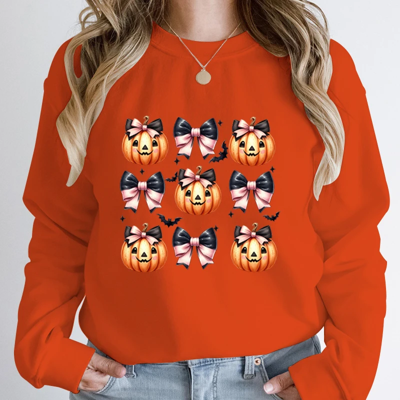 Halloween Pumpkin Bow Print Pullovers Funny Autumn Winter Creative Halloween Tops Ladies Casual Sweatshirts Round Neck Pullovers