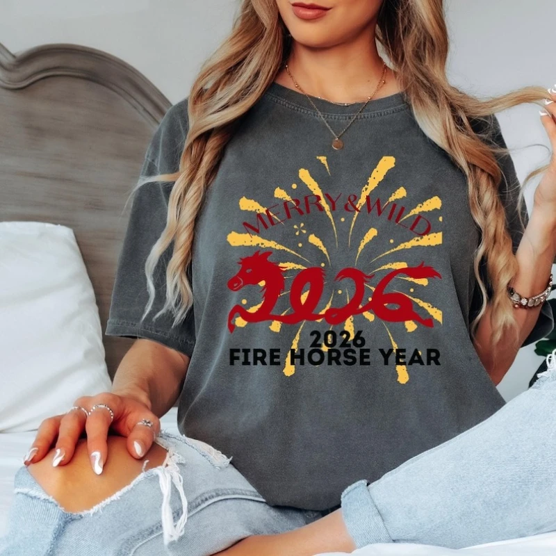 Merry & Wild Chinese Zodiac of The Horse Unisex Tee New Year Fire Gift Commuter T-Shirt Loose Casual Style Printed T-shirt Tops