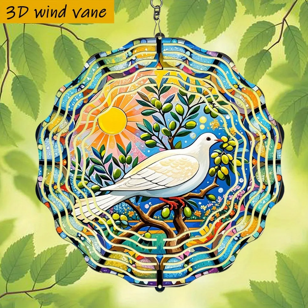 3D Hanging Peace Dove Colorful Glass Wind Spinner 10in 360° Rotating