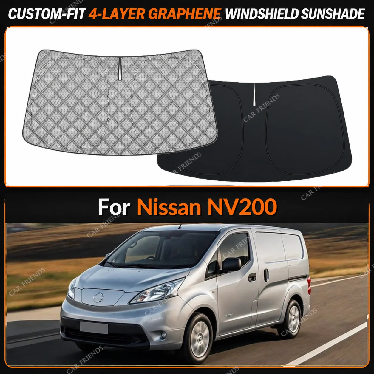 For Nissan NV200 Custom-Fit 4-Layer Graphene Windshield Sunshade Reflective Gray-Silver Surface Helps Reduce Direct Sunlight