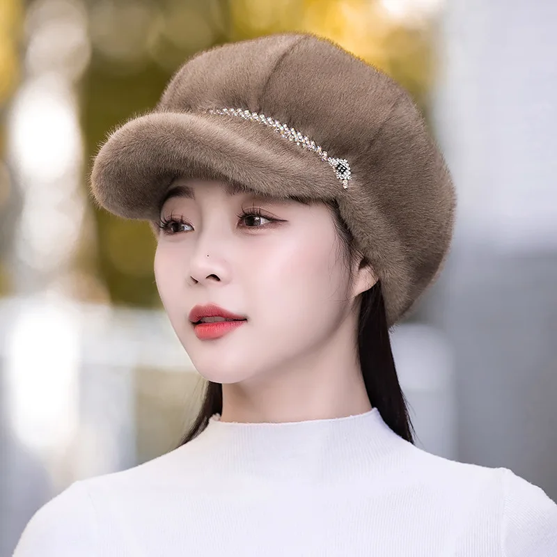 New Winter Hat For Women Fashion Faux Fur Fluffy Duck Tongue Hat Female Warm Ear Protection Hats Outdoor Thicken Wind Snow Caps