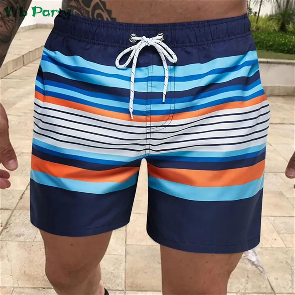 Striped Print Mens Shorts Summer Men's Clothing Drawstring Men Beach Shorts Men's Fitness Sports Short Pants Street Men Shorts