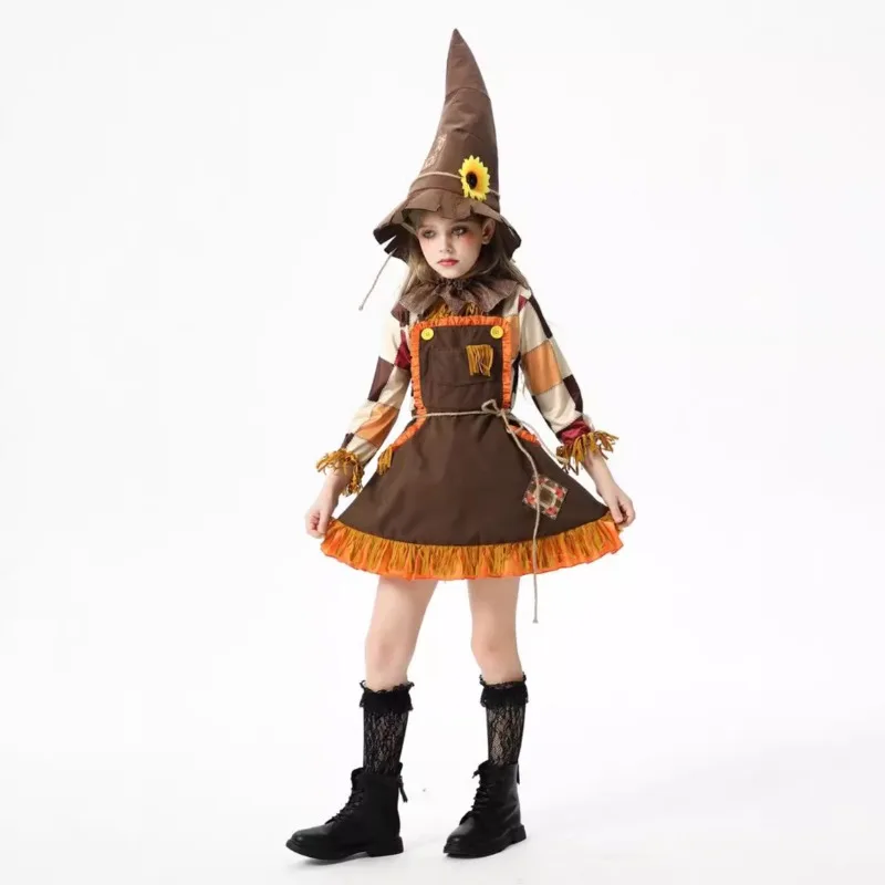 2025 New Halloween Children's Costume Pumpkin Costume Scarecrow Robin Hood Farm  Rural Costume Girls' Dress Hunter Stage Play