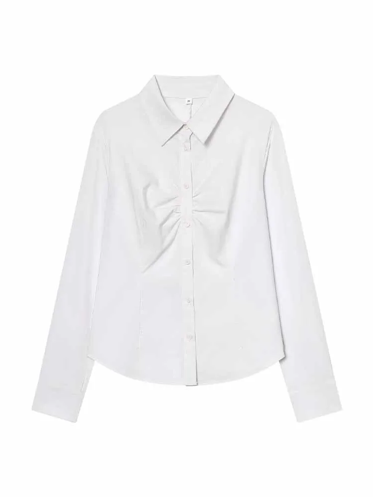 HH mujer primavera desplazamientos moda solapa manga larga decoración plisada Slim Fit camisa versátil mujer Casual Tops cómodos