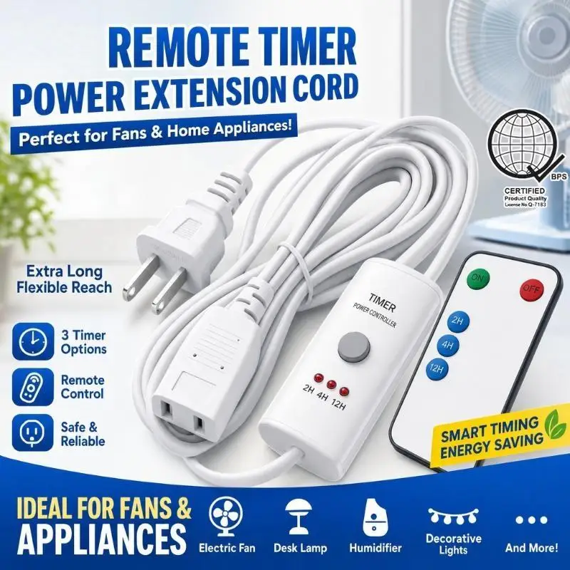 Two Prong Power Extension Cord With Thick Flexible Core Timer Option For Home Lamp Fan Phone Charger Electrical For Daily Use