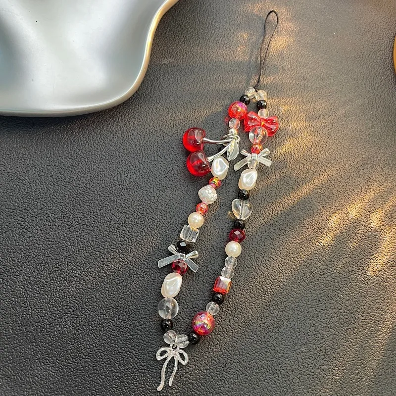 Korean Cute Red Cherry Bow Pearl Phone Chain Lanyard Charm Strap Wrist Bead Hanging Cord Bracelet Keychain For Cell Phone