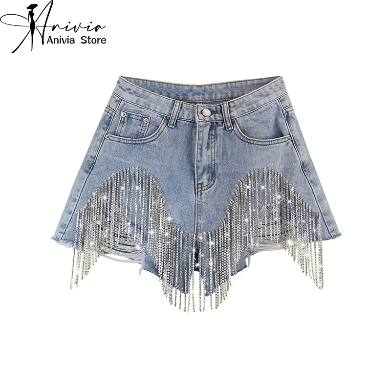 

Women's Streetwear Harajuku Blue Denim Shorts Rhinestone Chain Tassel Y2K Jeans Shorts Summer High Waisted Casual Loose Shorts