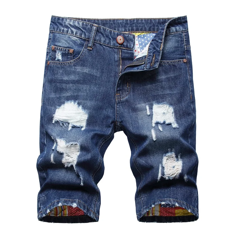 Hip Hop Ripped Men\'s Fashion Denim Shorts Blue New Style Stretch Straight Personalized Retro Nostalgic Trendy Pants Jeans Shorts