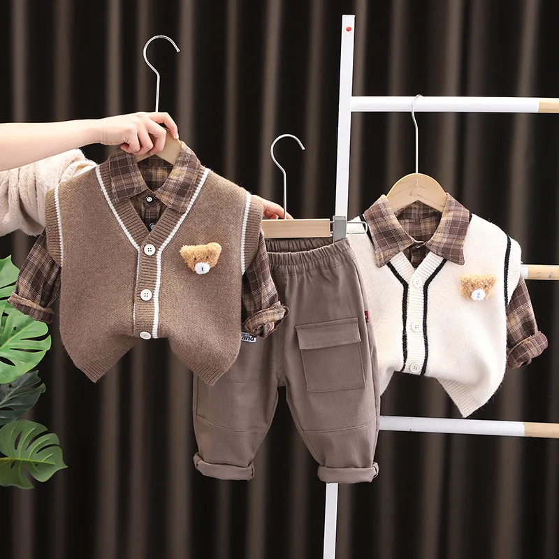 ZOETOPKID Children's Knitted Suits Autumn Winter Baby Boy Clothes Cartoon V-neck Sweater Vest + Shirts + Pants Kids Outfits Sets