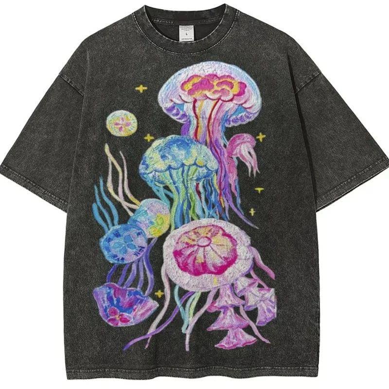 Buntes Quallen-Print T-Shirt Vintage Washed Marine Life Grafik-T-Shirt Lässige Streetwear Oversized Baumwoll-Oberteile