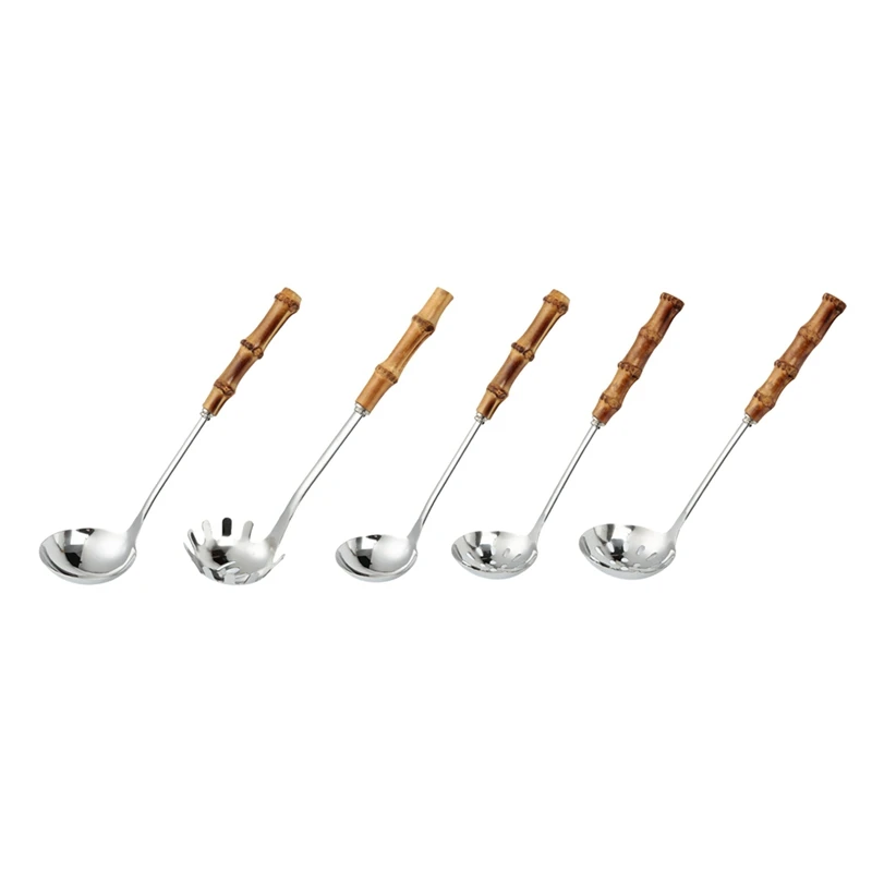 

5Pcs Serving Spoons Stainless Steel Soup Ladle & Slotted Spoon Set With Natural Bamboo Handle For Hotpot Cooking Ladle