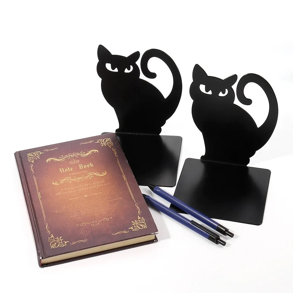 2pcs Iron Decorative Cat Bookend 4.72x4.37x5.87in Black Cat Shaped Book Stopper Thickening Design Non-Skid Base Book Organizer