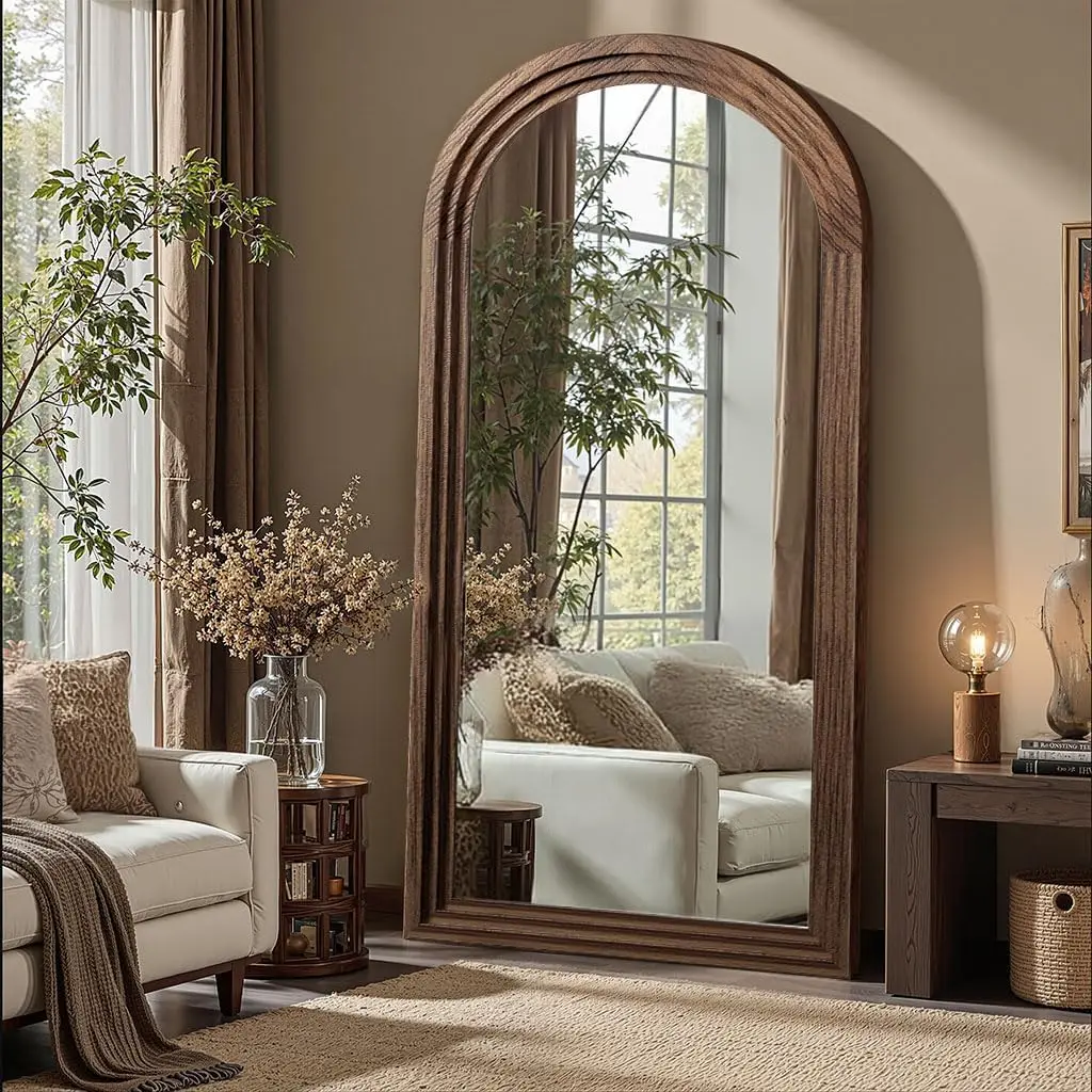 Arched Full Length Mirror with Stand, 55x24 Brown Wood Floor Mirror | Premium solid wood frame with 3mm tempered glass for clear
