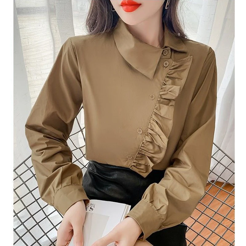 Women Trendy Ruffles Asymmetrical Design Button Up Shirt Spring Autumn Casual Long Sleeve Blouse Solid Chic Slim Tops Y2K Blusas