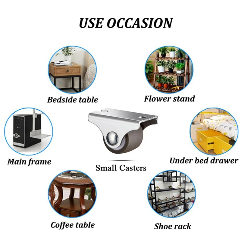 ABUL-Mini Fixed Caster Wheels ,Low Profile Small Casters With Screws, Silent Rubber Rigid Caster Wheels For Furniture 8 Pack