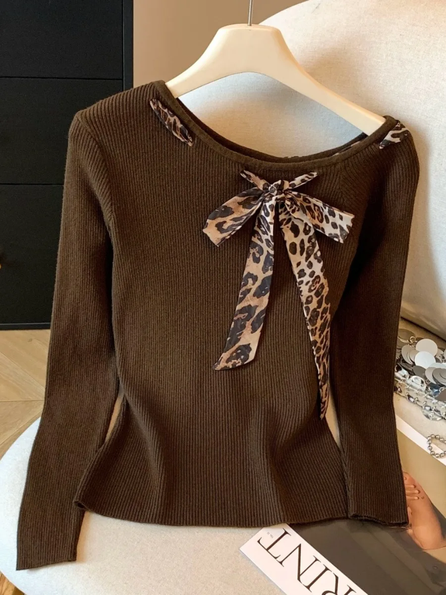 تأثير التخسيس ليوبارد طباعة محبوك طويل Sve تي شيرت المرأة أوائل الخريف المجهزة قاعدة irt ملابس داخلية مع حزام