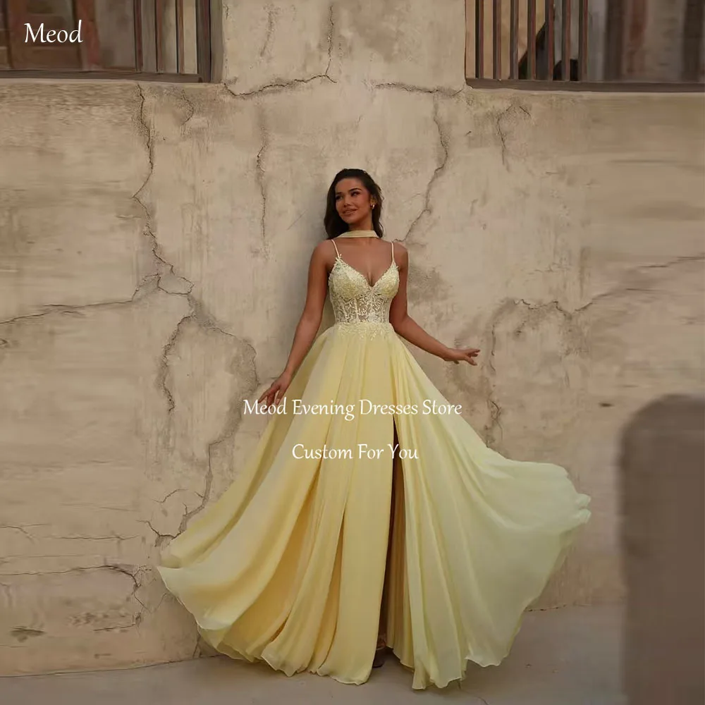 

Желтое шифоновое платье MEOD для выпускного вечера, вечернее платье с вырезом «сердечко» и высоким разрезом, винтажное кружевное платье на тонких бретельках, женская праздничная одежда, индивидуальный пошив