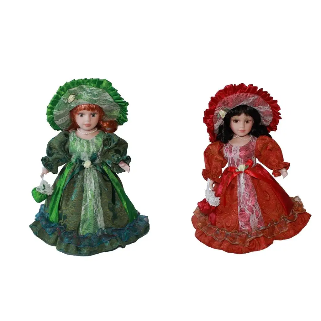 12 inch Elegant Porcelain Miniatures, Girl Hair, Hat, Handbag, Shoes, Dress and Display Stand