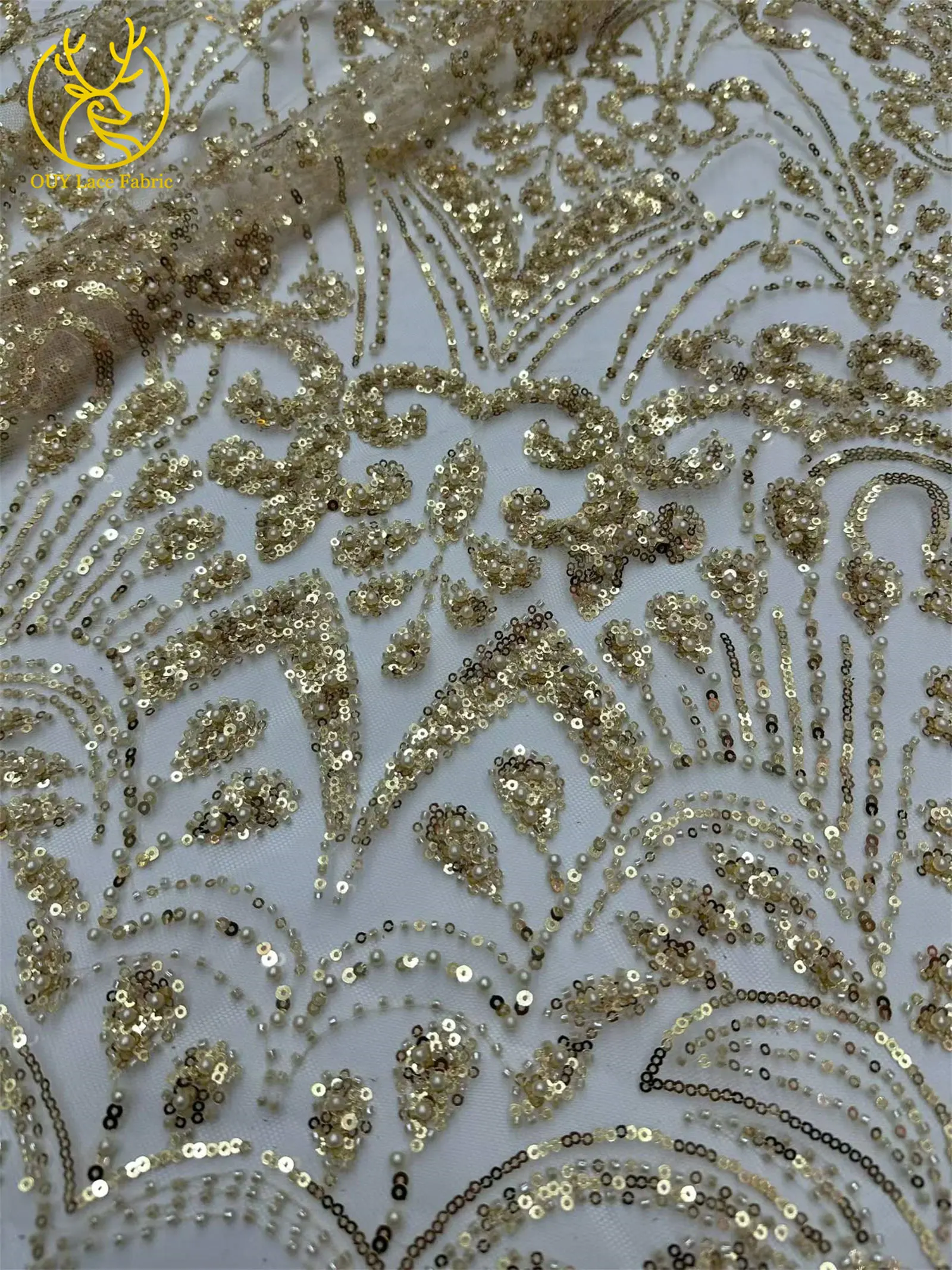 Goldener Luxus-Spitzenstoff mit Perlen und Pailletten, 5 Yards, afrikanischer Spitzenstoff, hochwertiger nigerianischer Netzspitzenstoff für Partykleider und Näharbeiten – Detail 16