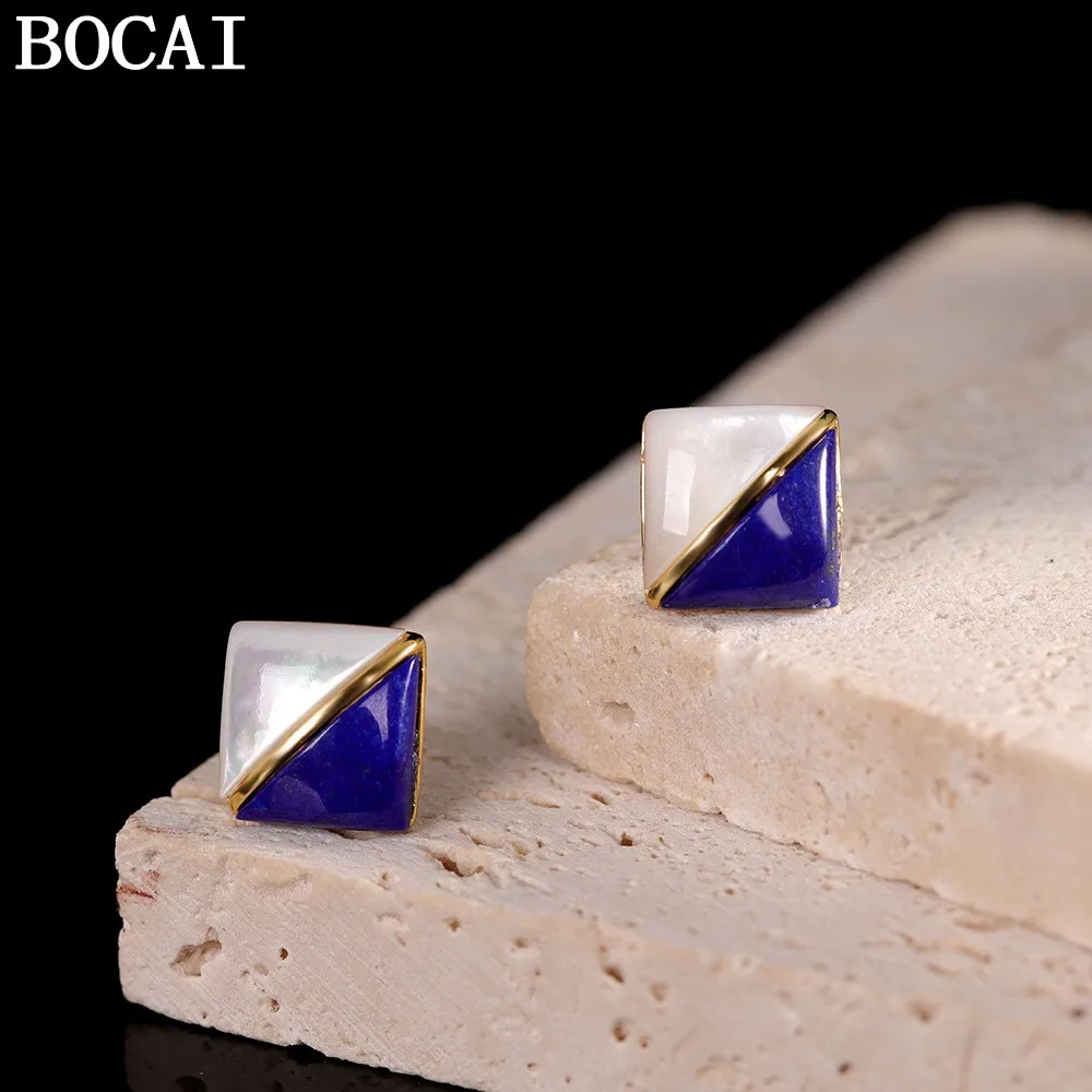 BOCAI NEW S925 Sterling Silver Fashionable And Luxurious Gold-plated Inlaid With Lapis Lazuli Shells Earrings Women's Gift