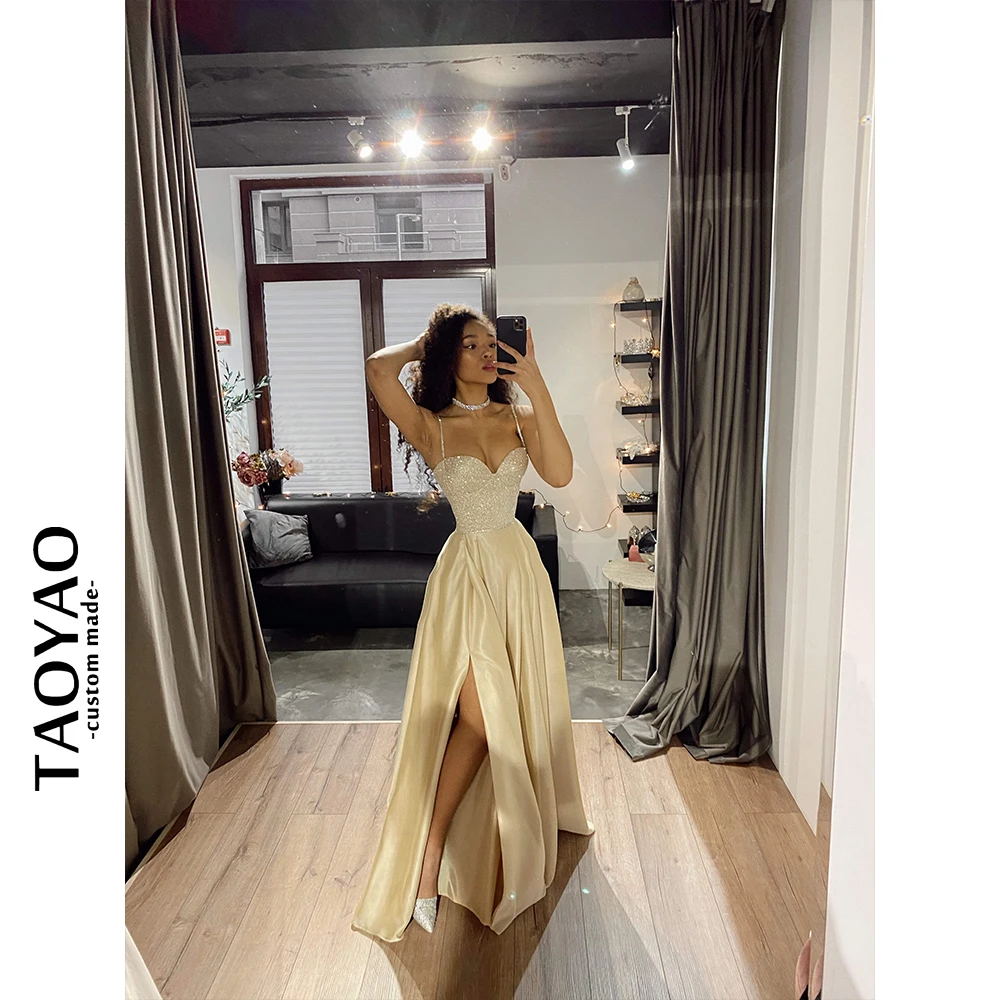 Gold Chiffon A-Line Evening Dresses Glitter Satin Evening Gowns Sweetheart Long Prom Dress Spaghetti Straps Robes De Soirée