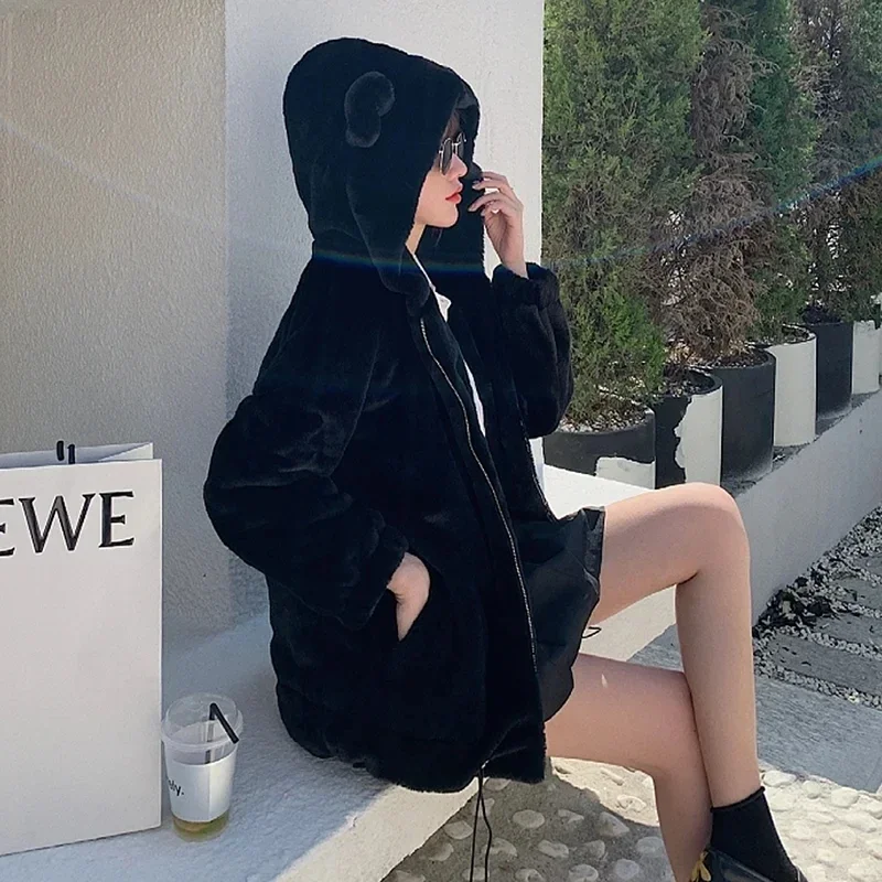 2025 Winter Dikke Vrouwen Capuchon Faux Konijnenbont Jas Losse Casual Mujer Chaqueta Trekkoord Lange Mouw Warme Zachte Bont Bovenkleding