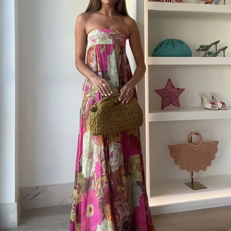 Dame strapless bloemenprint lange gewaden elegante mouwloze rugloze slanke maxi-jurken zomer dames vakantie strandfeest streetwear