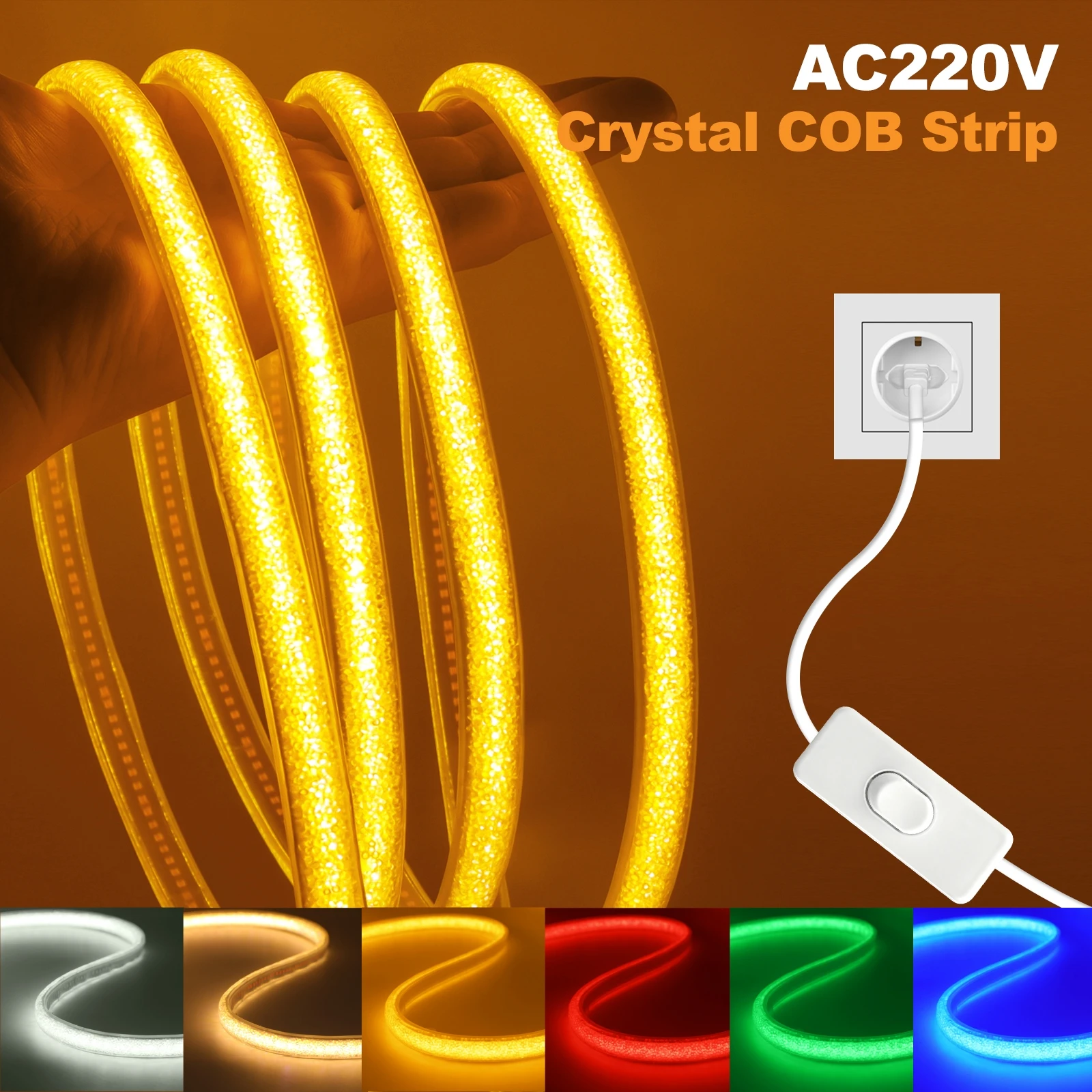 220V Luxury Crystal COB Strip LED Neon Light Sign With EU/UK ON/OFF Switch Power Plug 288LEDs/m Flexible Adhesive Tape Rope Lamp