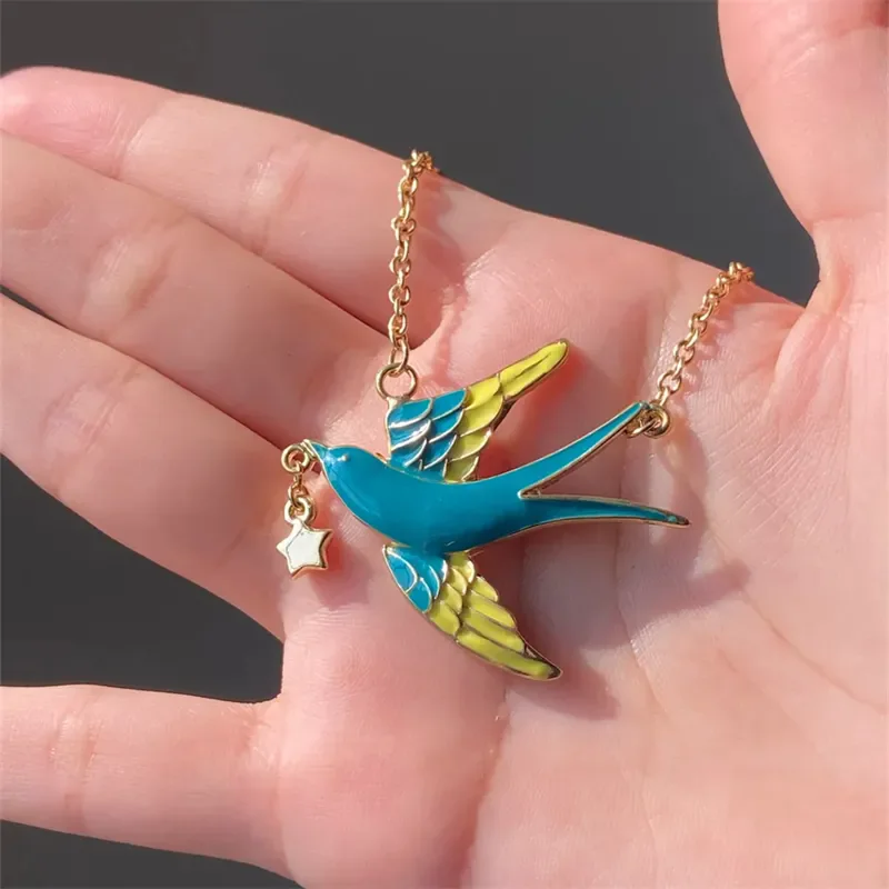 Enamel Gradient Blue, Green Drip Glue Flying Swallow Pendant Necklace Women's Daily Outgoing Attention grabbing Jewelry Necklace