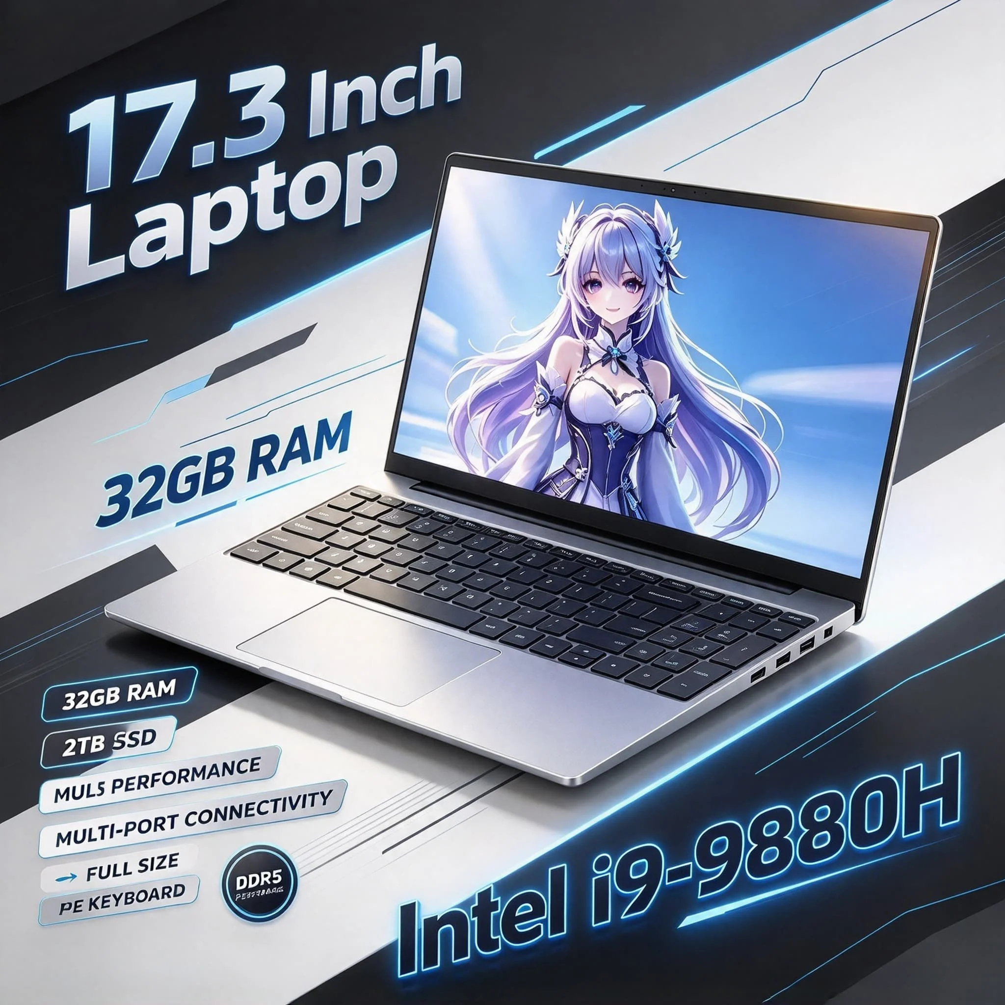 17.3 Inch Full Size Laptop Intel Core i9 9880H 32GB DDR4 RAM 2TB NVMe SSD Fingerprint Unlock Full Numeric Keypad Notebook